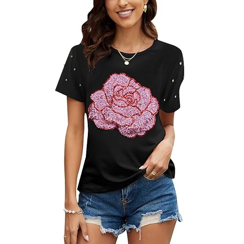 PESION Womens Short Sleeve T-Shirt Sequined Tops O-Neck Funny Graphic Tees Blouse Small Black+ Pink Rose