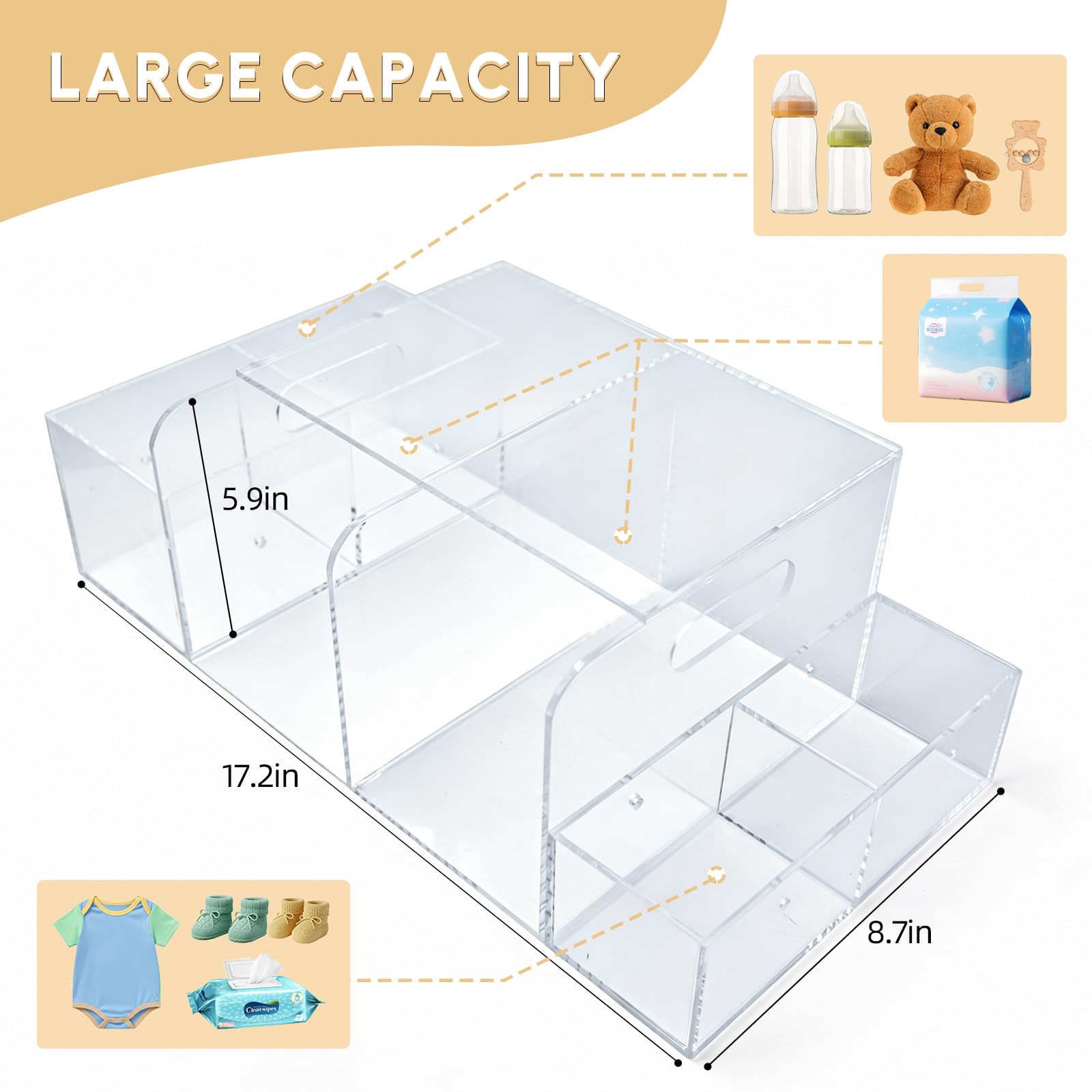 Organizador de pañales de acrílico, organizador de mesa cambiador de bebé, organizador de mesa con 4 compartimentos desmontables, almacenamiento para dispensador de toallitas, patas de goma