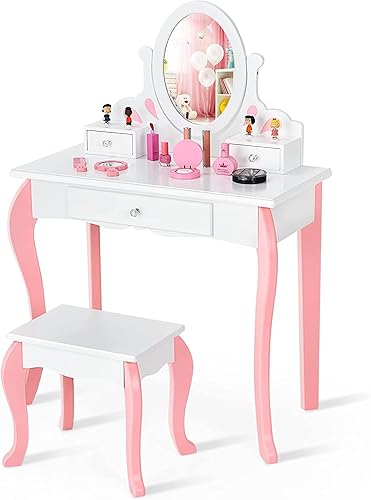 HONEY JOY Juego de tocador y taburete para niños, juego de tocador para niños pequeños con 3 cajones, espejo ovalado giratorio de 360°, tocador de