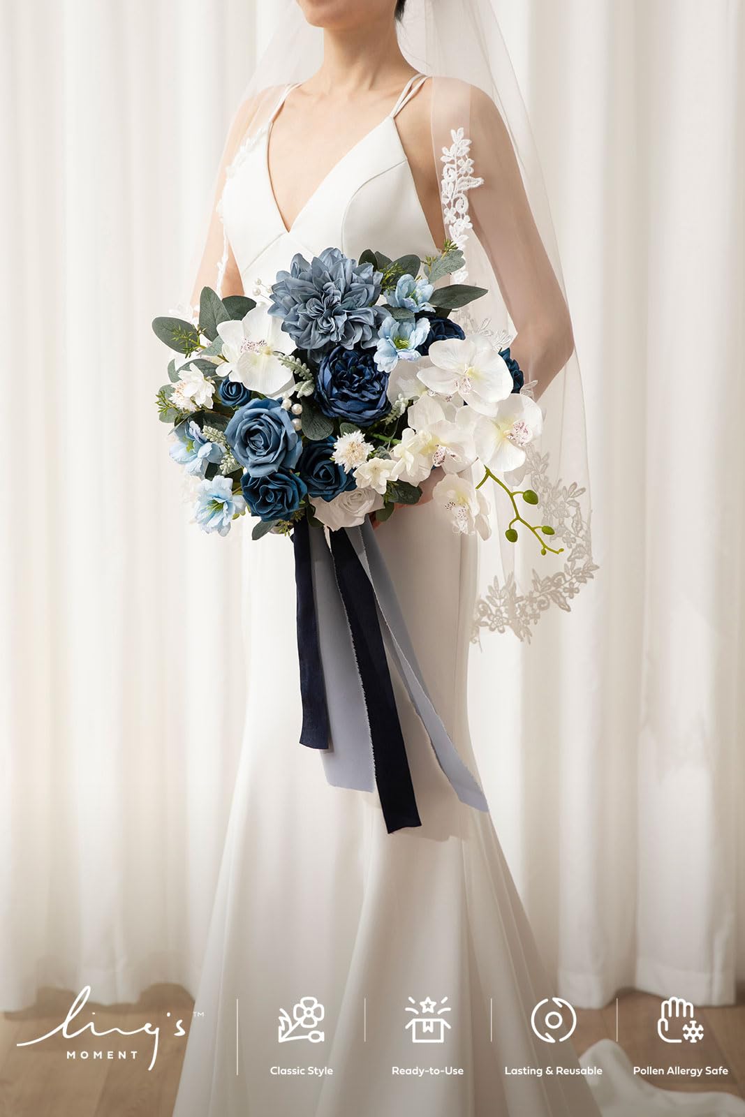 Amazon｜Ling's Moment ネイビーブルーブライダルブーケ、13インチ