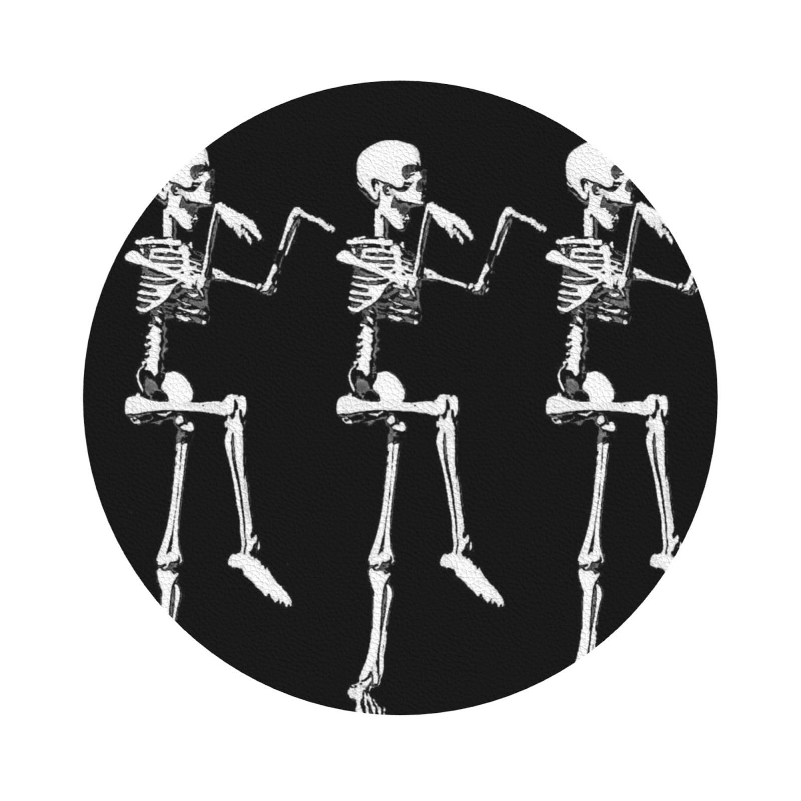Halloween Posable Skeleton Skull PU Leather Coasters Set of 6 Round Drink Coasters