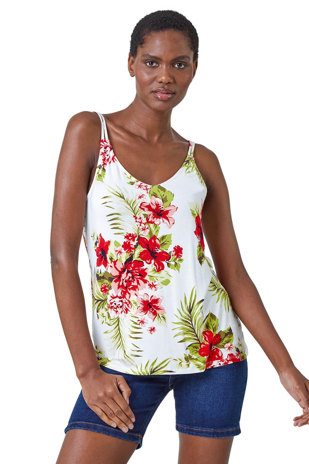Roman Originals Women's Ivory Tropical Print Strap Detail Cami Top For Uk - Everyday Holiday Spring Summer V Neckline Comfy Soft Evening Vacation Work Party - Size 18