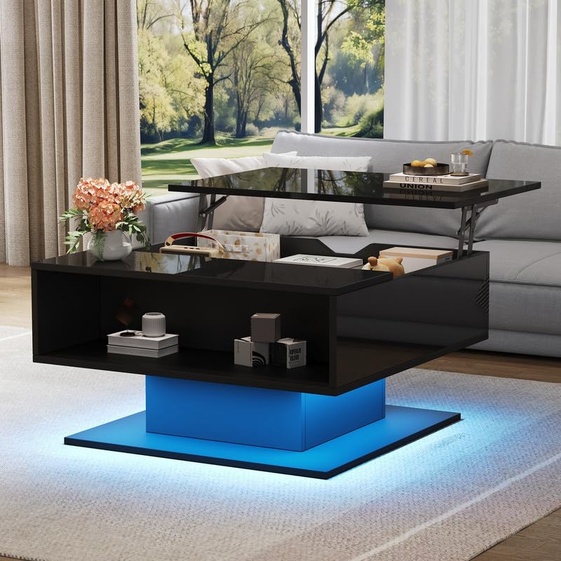 LORISMAI Table Basse avec Ascenseur hydraulique, canapé Haute Brillance, Table de Salon avec Rangement,Géométrique, Noir