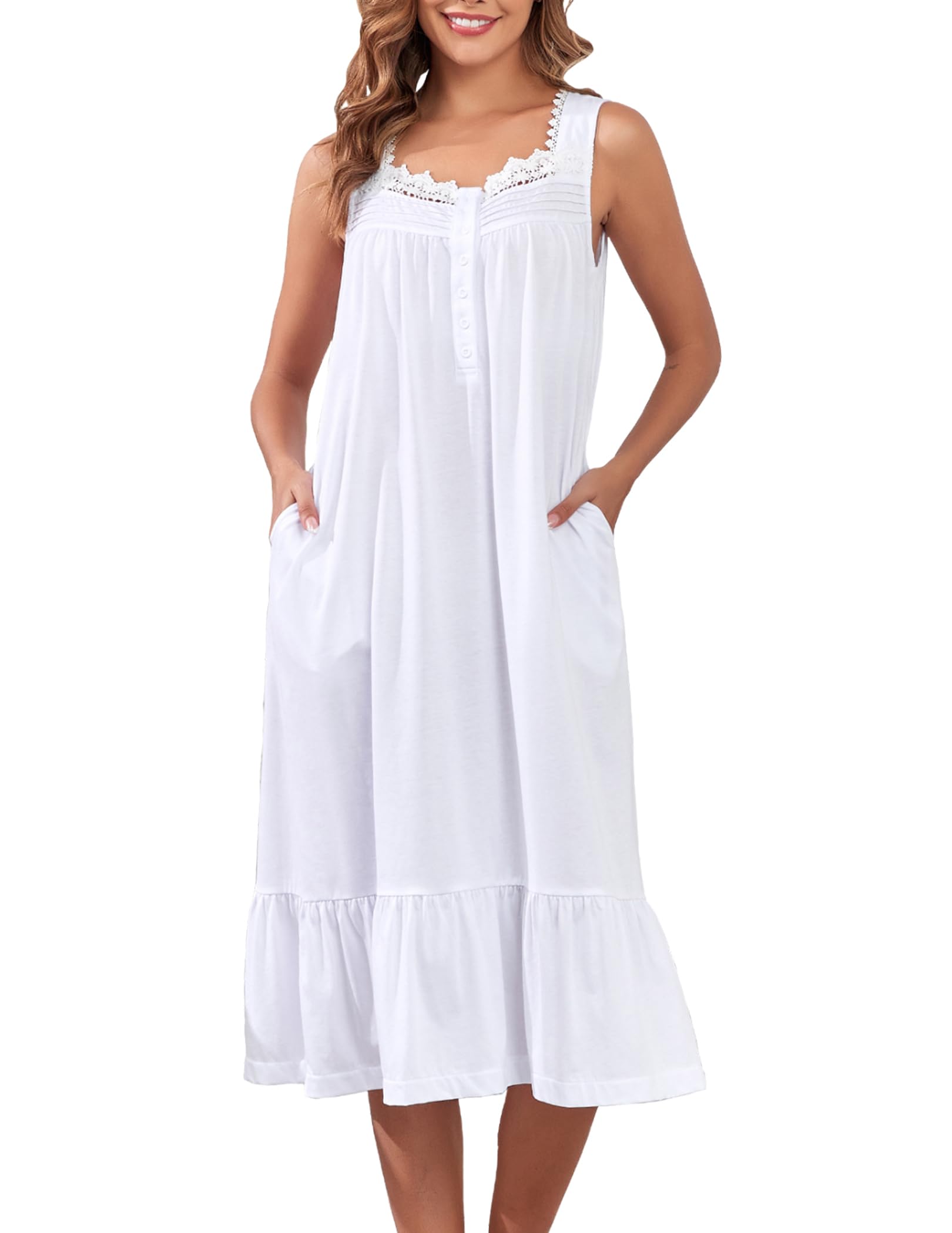 Viakeo Cotton Nightgowns For Women Long House Dress Soft Sleepshirts With Pockets S-3XL