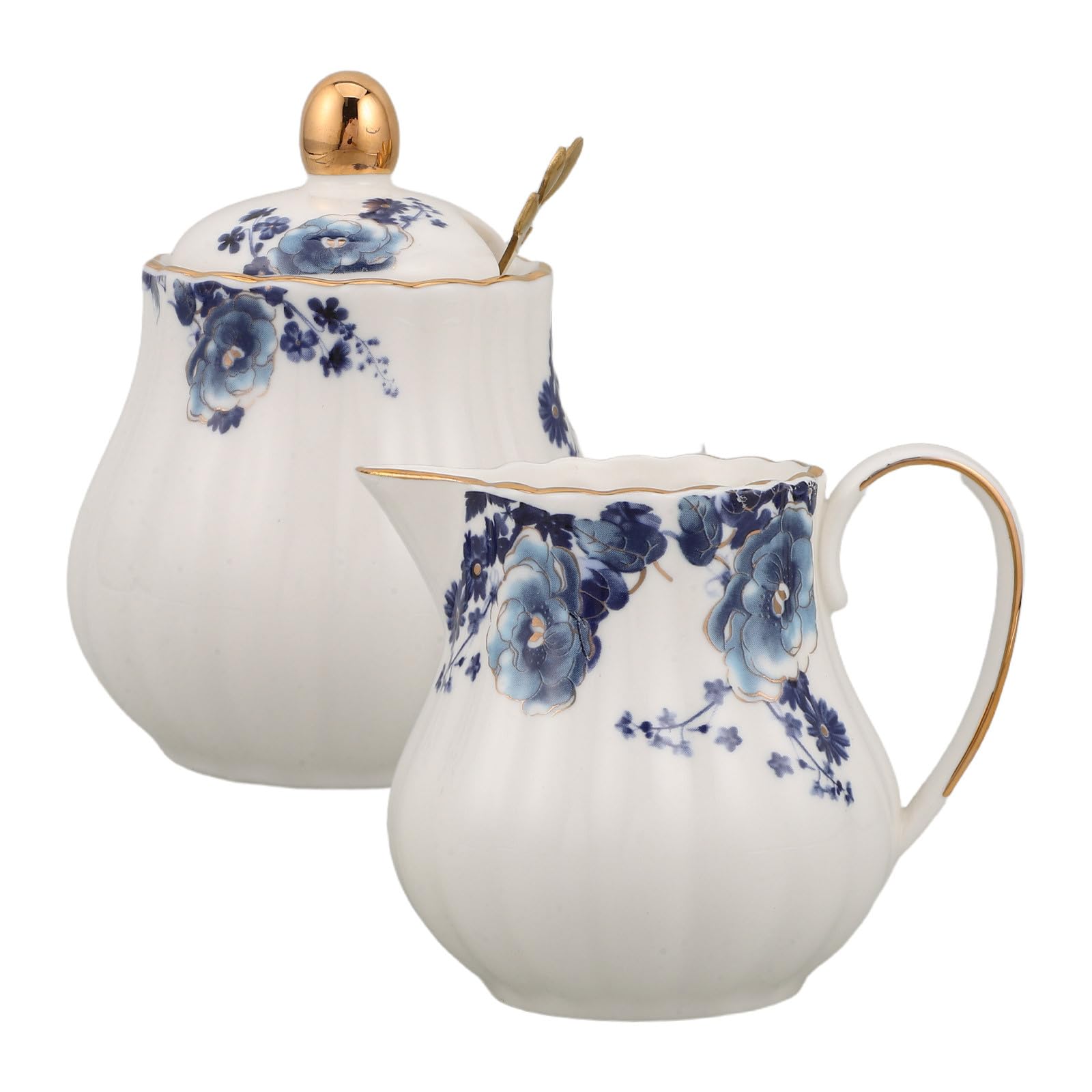 INOOMP 1 Set di zuccheriera e lattiera in Ceramica: Set da caffè in Porcellana con Decorazioni Floreali, Cucchiaio e Coperchio, lattiera con Manico per servire caffè e tè.
