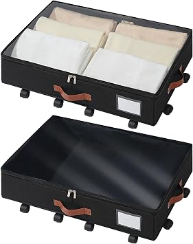 Freebat Under Bed Storage Organizer with Wheels 2 Pack, 5.5 inches Height Underbed Container with Clear Lid Cover, Storage Bag Box with Visiable Window for Clothes, Bedsheet, Pillow