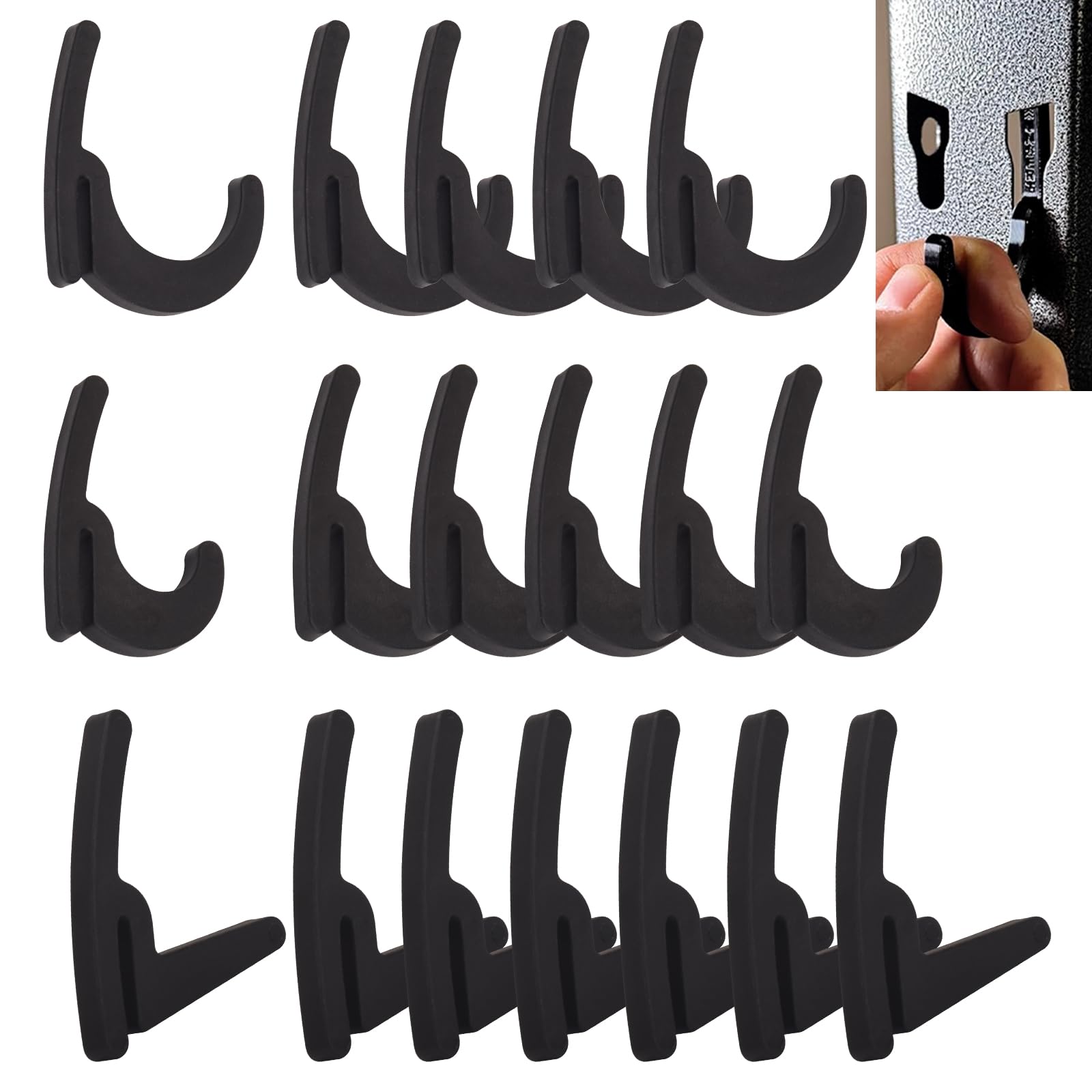 18 ganchos universales para estanterías de garaje y estantes de almacenamiento industrial con ranuras de ojo de cerradura, incluyendo ganchos resistentes L/J, soporta hasta 40 libras.