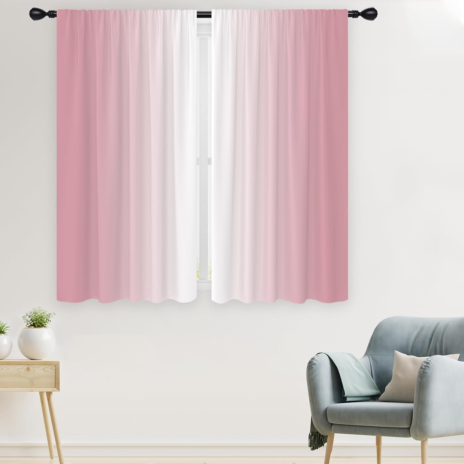 Pink White Curtains, 2 Panels Cute Ombre Gradient 42W x 63L Inch Rod Pocket Window Drapes, Preppy Girly Fabric Treatments for Girls Bedroom and Nursery Decor