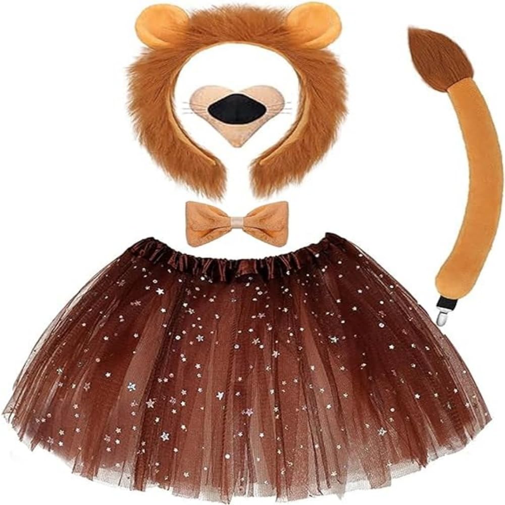 5PCS Lion Costume Kits Includes Lion Ears Headband Tail Nose Bowtie Tutu for Girls Lion Cosplay Halloween Party Dress Up Supplies