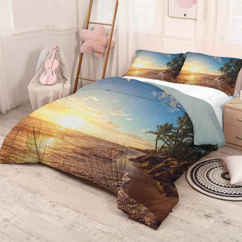 prunushome Tropical Duvet Cover SetPalm Trees on Tropical Beach Sunrise Morning View Panoramic Nature Picture Lightweight Blue Yellow Brown 104x90in/20x35inx2