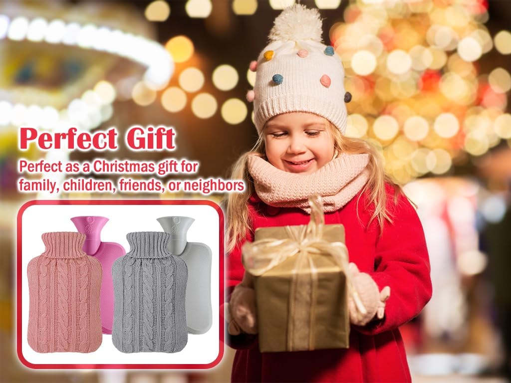 2pcs Rubber Hot Water Bottle with Knitted Cover, Warm Water Heat Bottles for Menstrual Cramps, Pain Relief, Winter Gift 2 Liter (Grey, Pink)