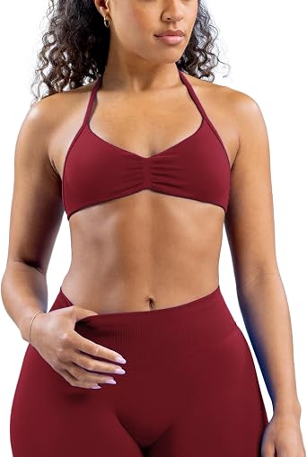 Womens Strappy Halter Sports Bra Backless Gym Bra with Removable Pads Claret,L