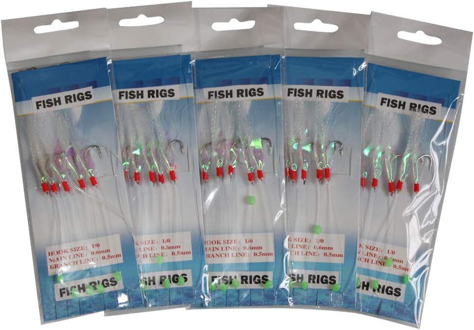 10 Packs Sabiki Rigs Fishing Flasher Lures Bait Rigs Fish Skin, Glow Fishing Beads High Carbon Hooks for Freshwater/Saltwater
