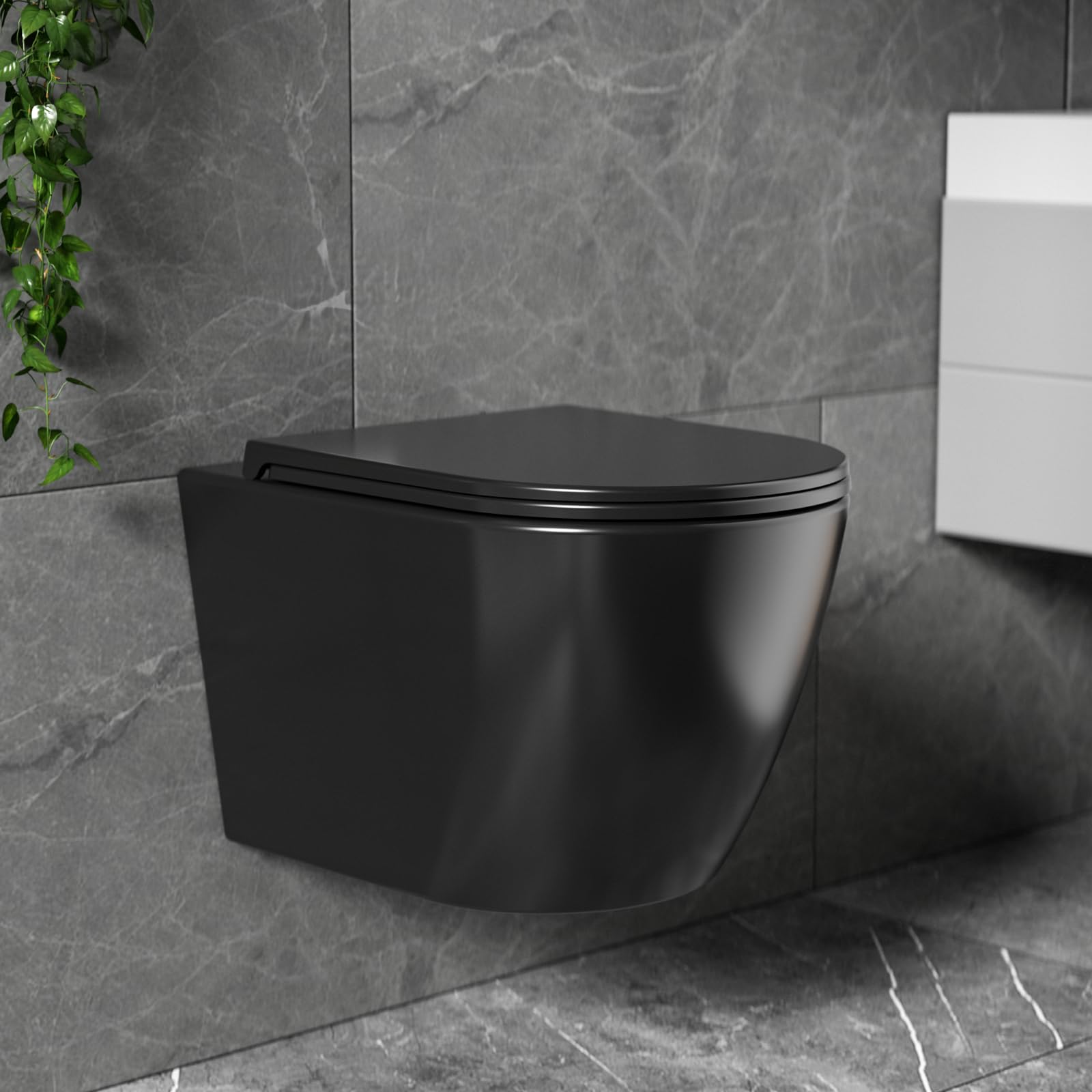 Spülrandloses Hänge-WC, Leises Und Wassersparendes Hochleistungs-Spülsystem, Wand-WC Mit Abnehmbarem WC-Sitz Mit Absenkautomatik, Mehrere Farben Verfügbar,49.5 cm (Schwarz Matt)