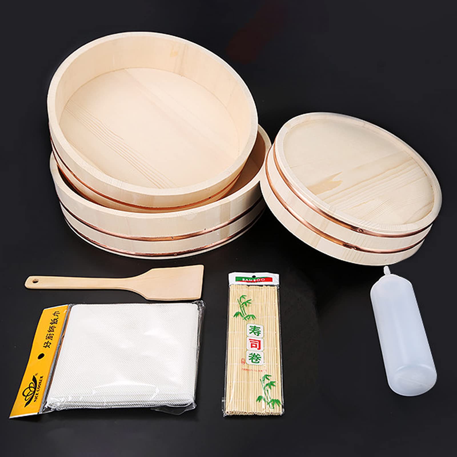 AIZYR Ręcznie wykonana miska do mieszania ryżu Hangiri Sushi Oke - japońska drewniana wanna do mieszania ryżu z łopatką do robienia sushi i mieszania ryżu sushi, 27 cm / 10,6 cala