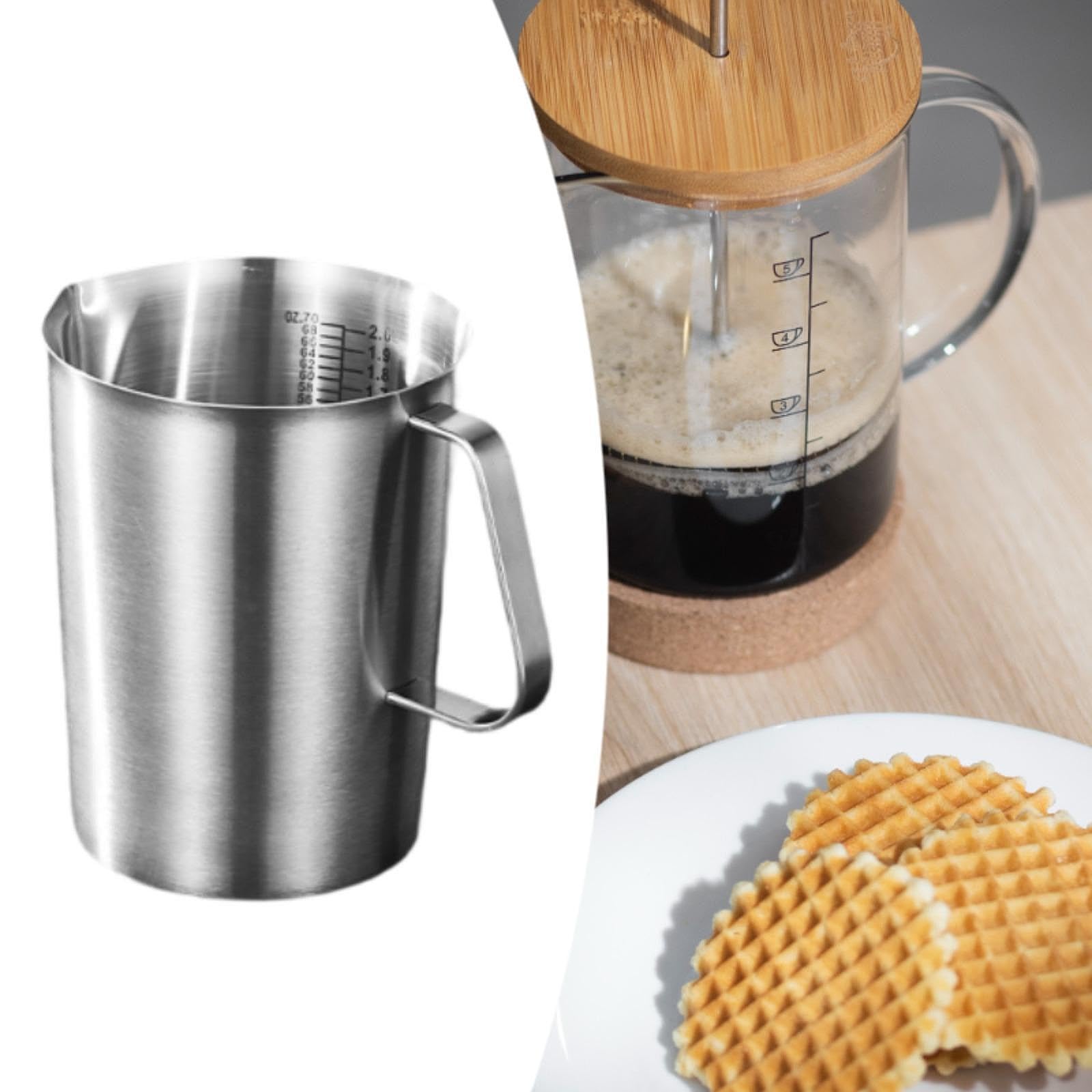 Messbecher Aus Edelstahl, Multifunktionaler Küchenkrug, Doppelwandig, Einfach zu Handhaben, Ideal für Cocktails Und Kaffeedekoration, 2000 Ml