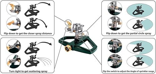 Miniatura 6 de Rociadores de césped para patio, rociador de impacto pulsante de jardín con manguera de agua de impulso de aleación de zinc y base de rociador de