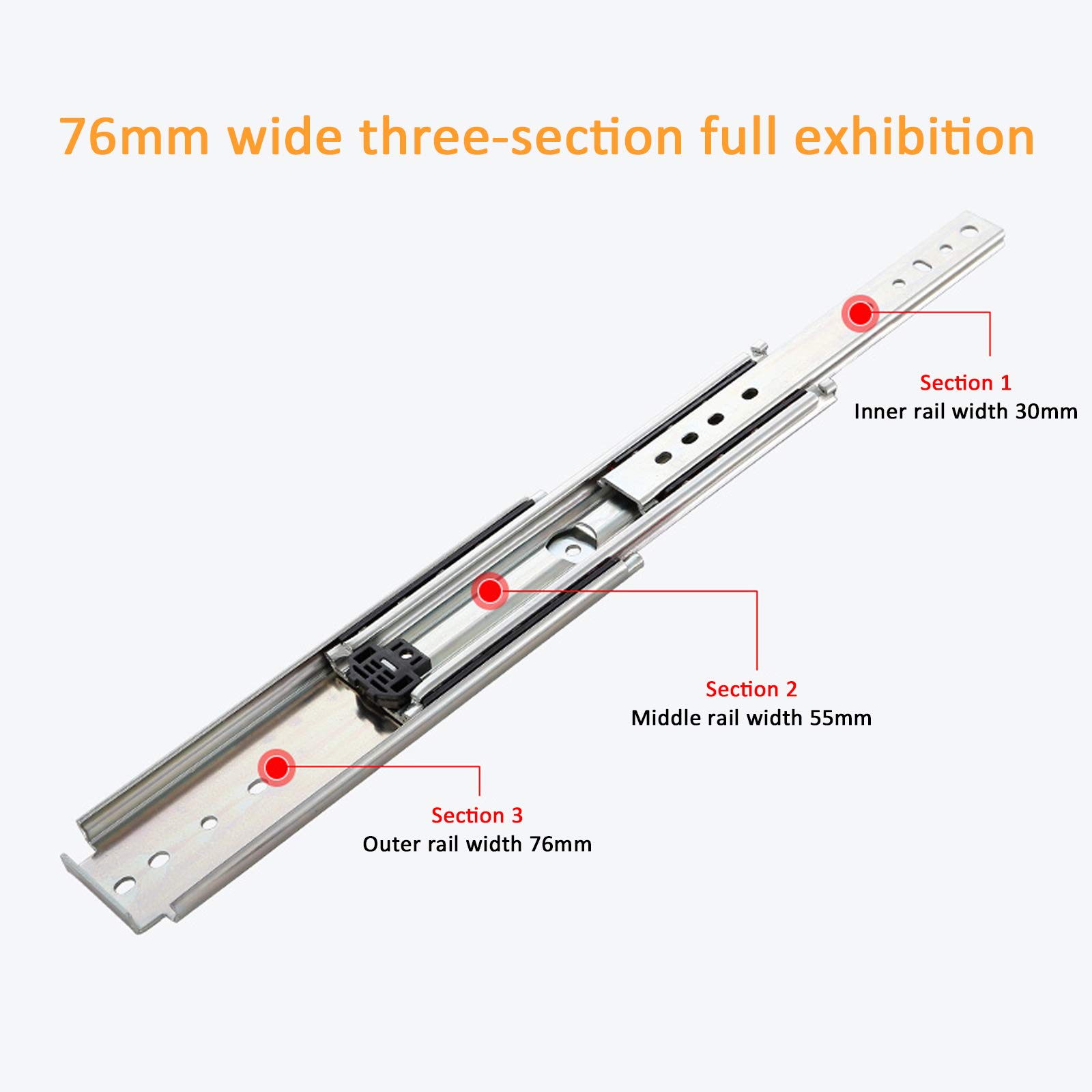 Kugelführung Seitlich Montierter 76mm Breite Industrielle Schubladenschienen,3 Falten Vollauszug,mit Verriegelung,Tragkraft 220kg,für Wohnmobile,Große Schrankschublade (44in/1118mm)