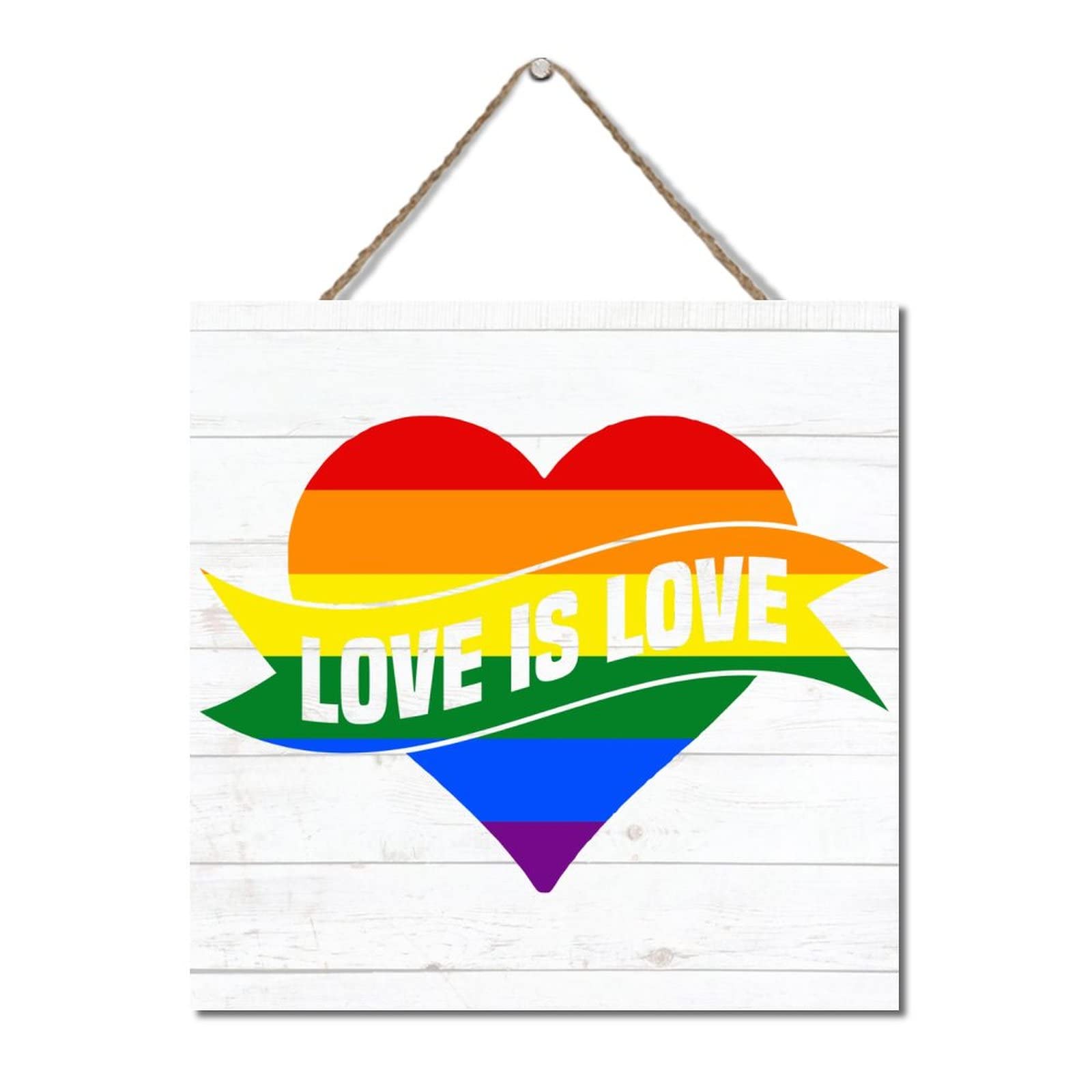 Wood Signs Love Is Love Rainbow Heart Wooden Pallets Home Decor Signs LGBT Pride Rainbow Rustic Wood Signs Hanging Wooden Sign Living Room Bedroom Bathroom Front Door Hallway Office Wall Decor 12x12in