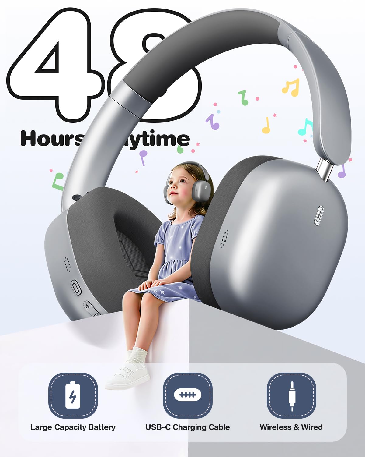 Wentronic Audífonos inalámbricos Bluetooth 5.4 para niños, plegables con modo de cable de 3.5 mm, límite de volumen seguro, tiempo de reproducción de 48 horas, llamadas claras, sonido HD para niños