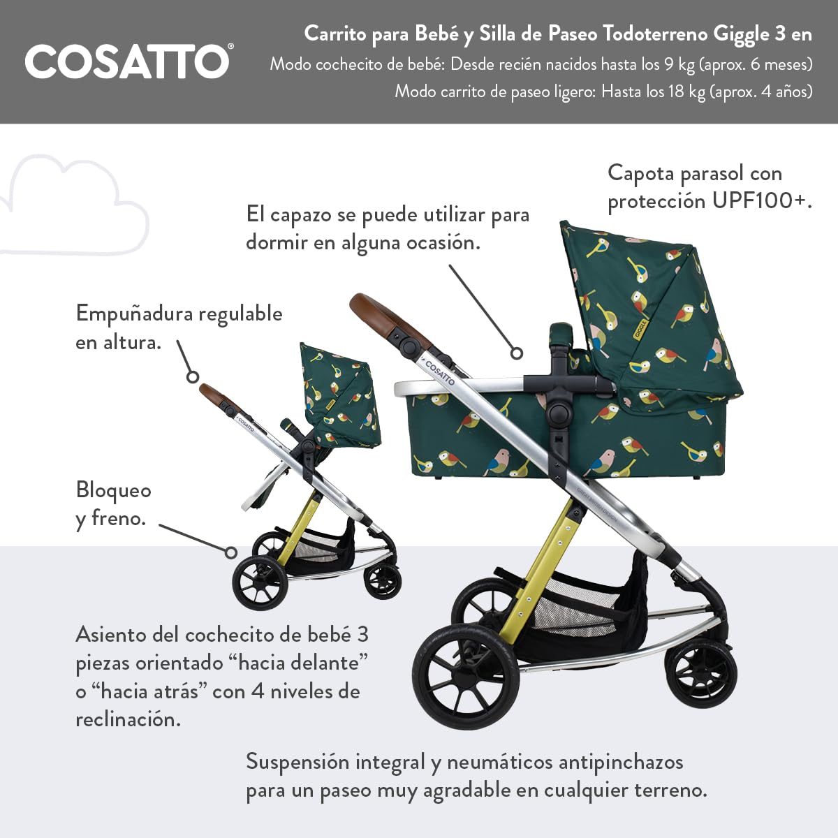 Cosatto Carrito Bebé 3 en 1 Giggle - Carro Bebé Nacimiento hasta 18kg. Cochecito Bebé con Capazo, Silla de Paseo y Silla Coche iSize 0+. Coche Bebé Ligero Fácil de Plegar con Protector Lluvia