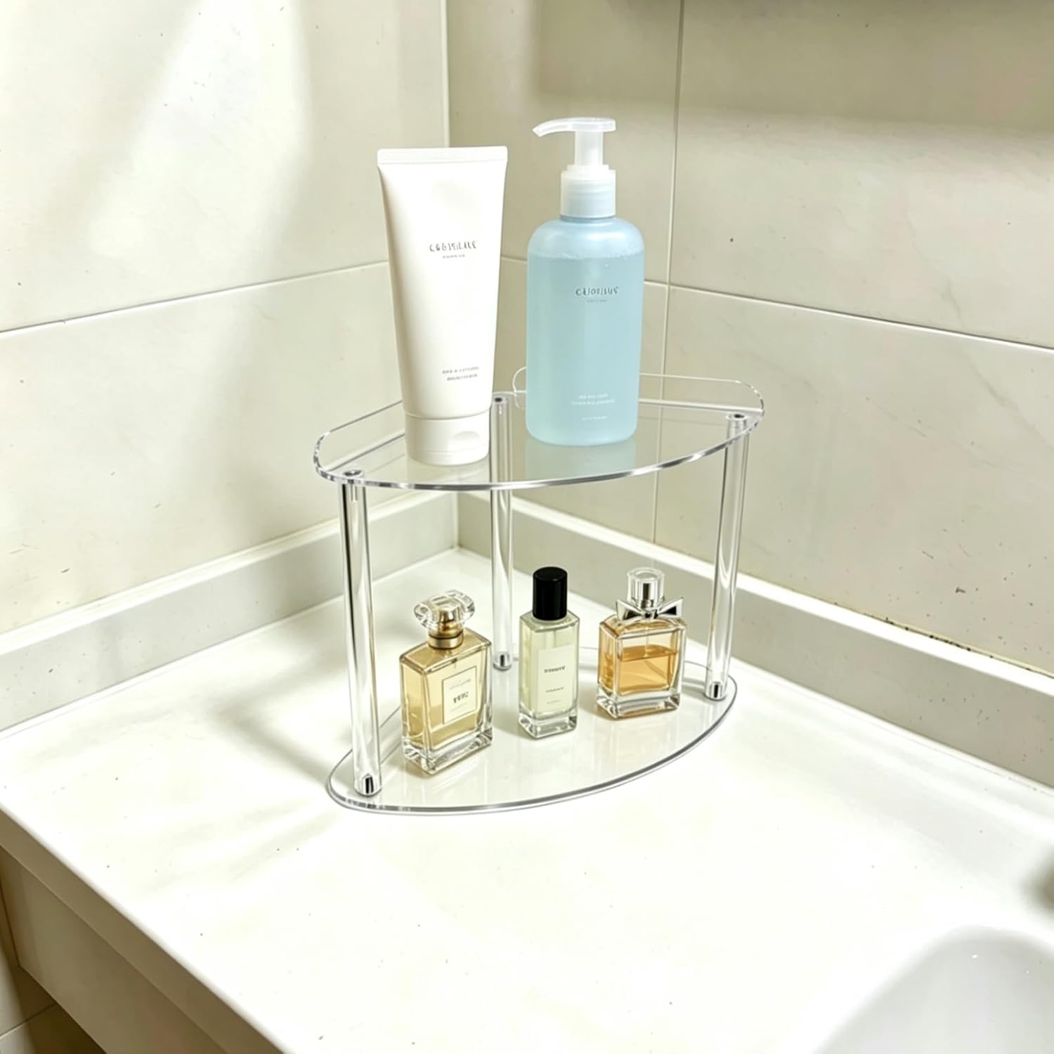 Countertop Corner Organizer Shelf 8x8x9 Inch, Clear Acrylic Bathroom Vanity Storage Organizer Corner Rack for Skincare, Cosmetics, Perfume