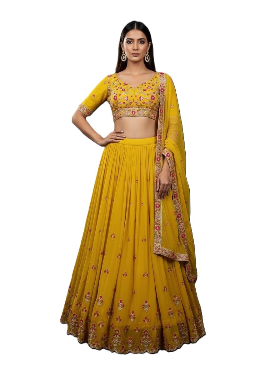 Embroidered Semi Stitched Lehenga Choli with Dupatta for Women | Wedding, Haldi, Festive | Heavy Floral Thread & Sequence Work | (Free Size)