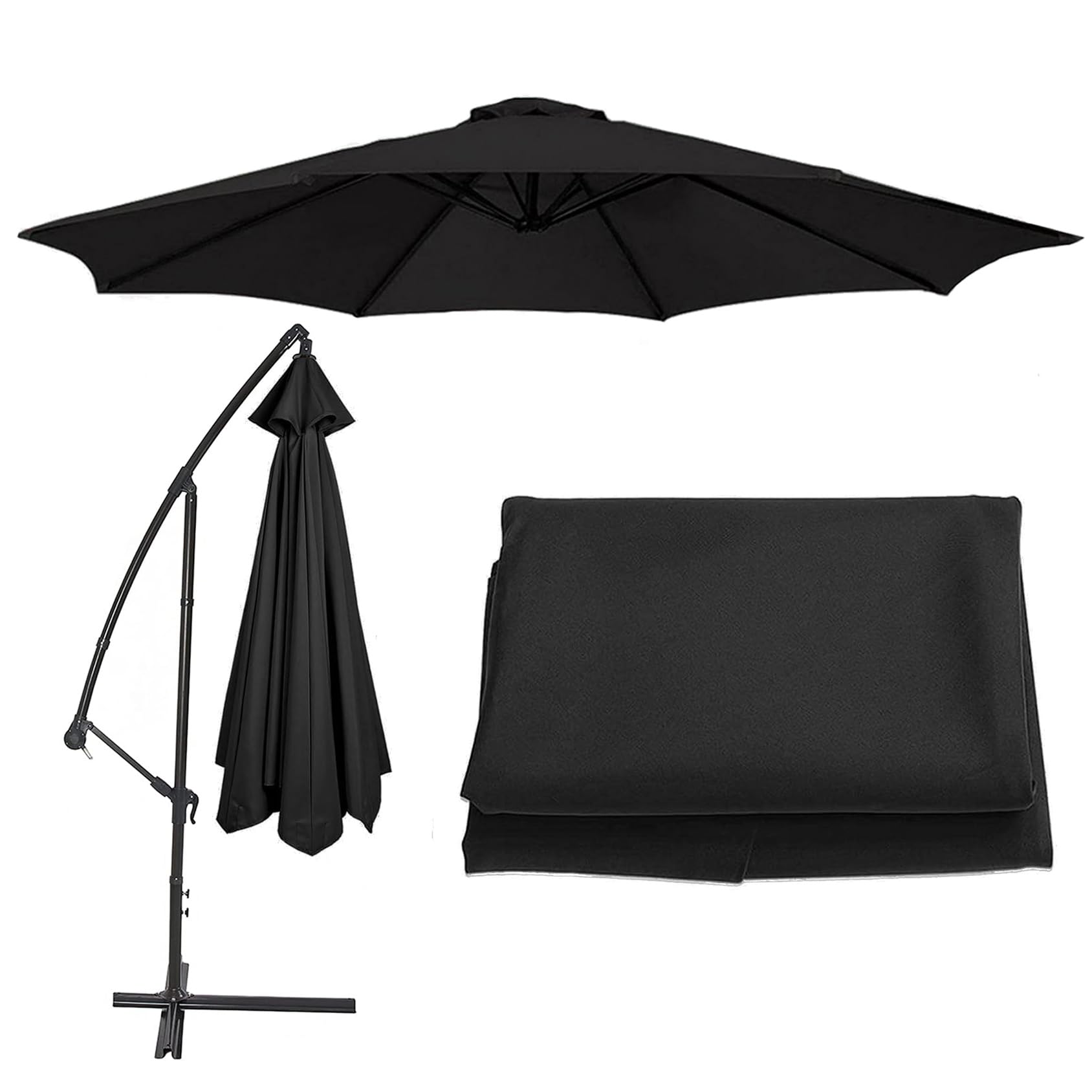 Parasol Umbrella Replacement Canopy Cover 200cm/2.7m/300cm (6.5'/8.8'/9.8') Cantilever Parasol Top Fabric Cover Sunshade Cloth For 6/8 Ribs Standard, Offset Hanging Parasols(Color:Black,Size:6 ribs-2m
