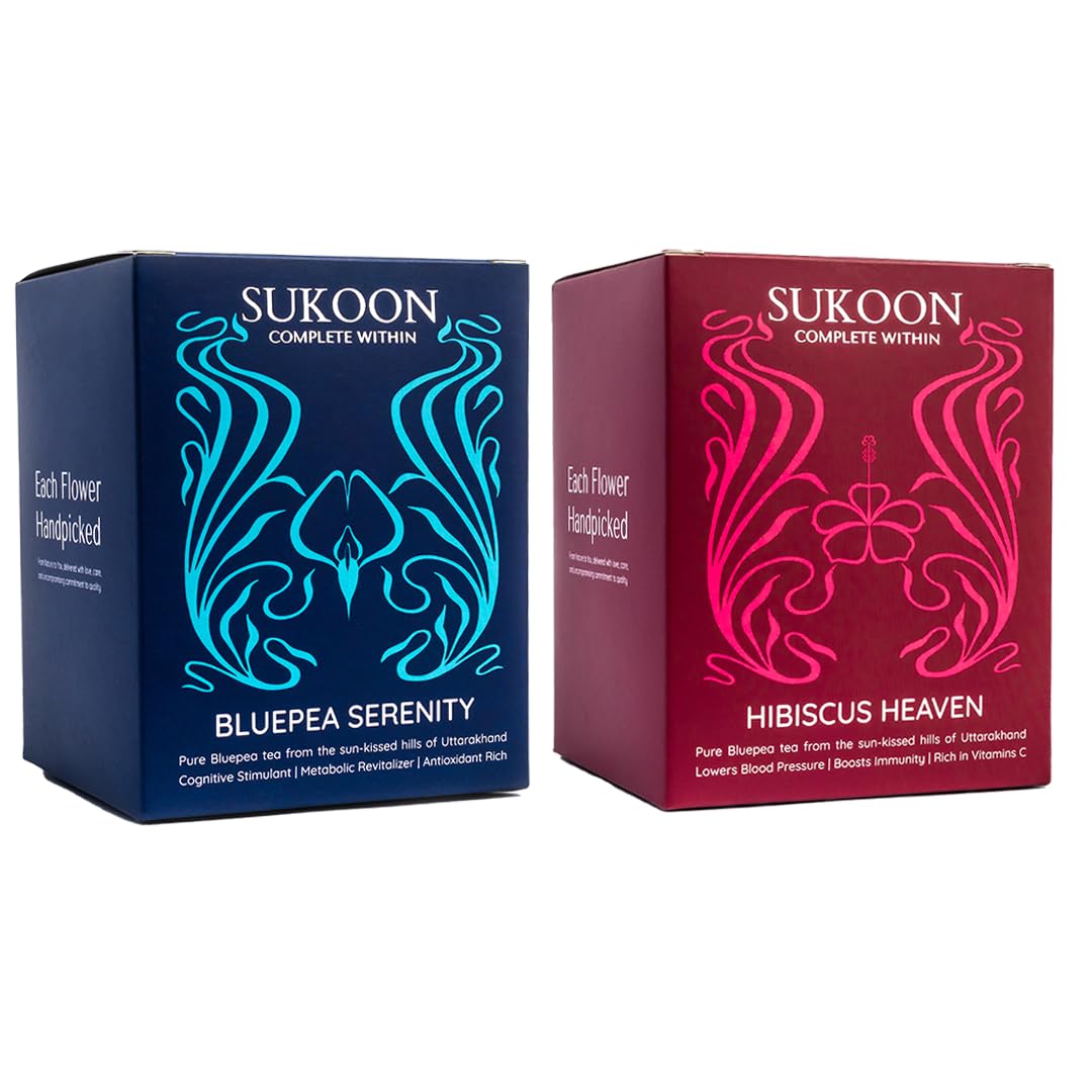 Health Revitalizing Flower Tea Duo | Combo Pack - SUKOON Pure Hibiscus Tea & Pure Blue Pea tea | 28 pcs Premium Tea bags | Boost Immunity, Enhance Memory, High in Vitamin C | Caffeine free tea