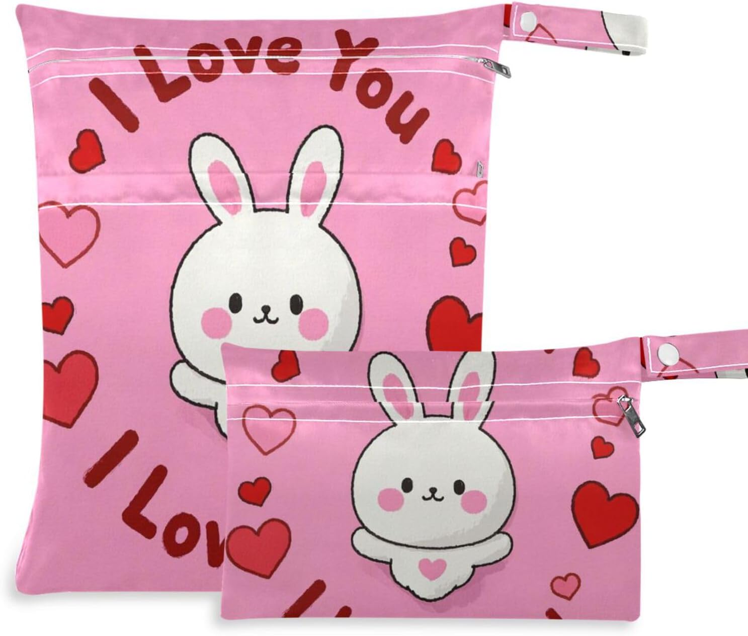 I Love Your Valentine Cartoon Rabbit mess-proof wet clothes bag 2 Pack travel essentials for baby with handles for gym, baby diapers