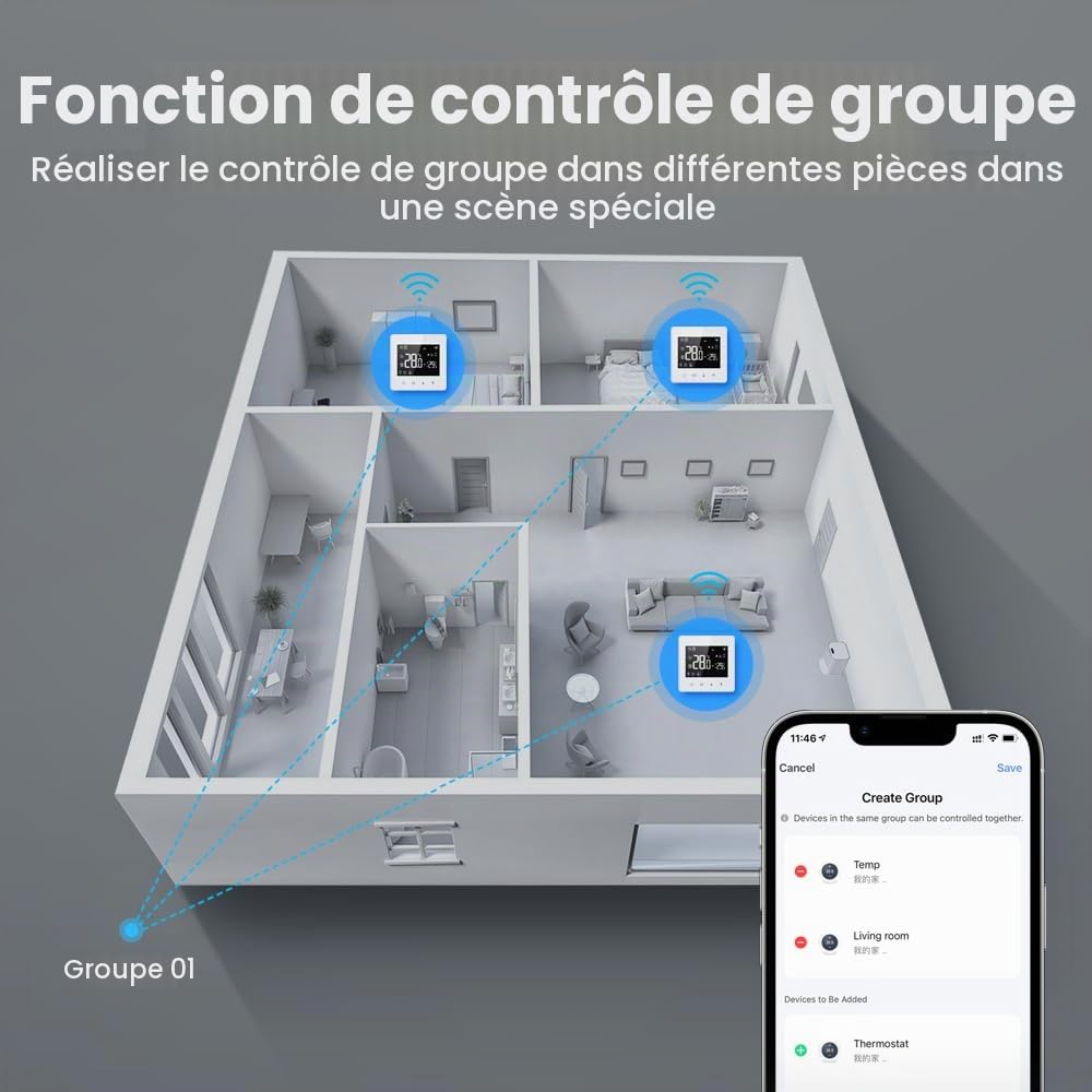 Thermostat Connecté WiFi,Thermostat Chaudiere Gaz a Pile Ou USB,Chaudière Gaz,Compatible avec Alexa et Google Home,Voix et Télécommande,Thermostats D'ambiance Programmable (Blanc)