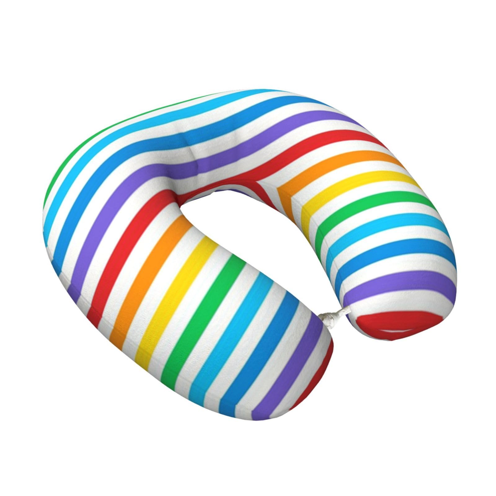 LKYMOH Rainbow And White Stripes, Travel Neck Pillow U-Shaped Memory Neck Support Soft Comfortable With Washable Cover For Airplane Car Traveling and Office