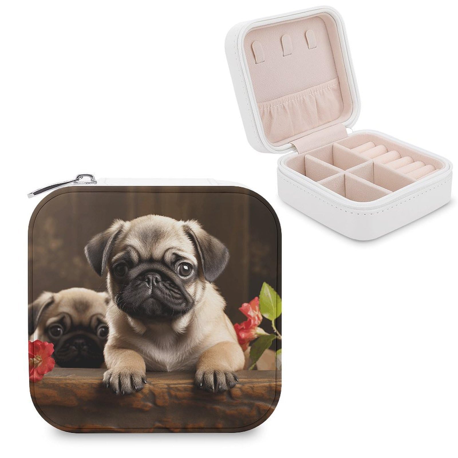 VstaDank Puppys Pug Jewelry Box for Women Custom Travel Jewelry Case Personalized Travel Jewelry Boxes Small Portable Jewelry Organizer Box for Rings Necklaces Bracelets Earring
