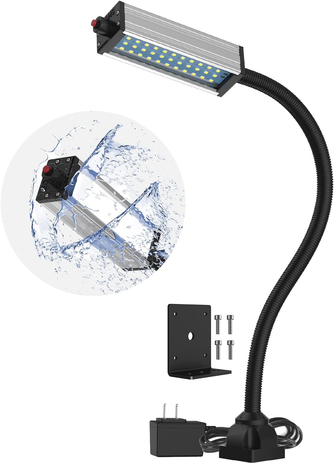 Flexible Work Light, Machine Light, Gooseneck Led Light IP66 Waterproof 800 Lumen 120 Volt 44Leds Screw Mounted Floodlights for Machine Tools Lathes and Workbenches