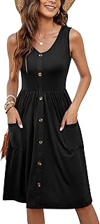 AUSELILY Women Summer Dresses Sleeveless Casual Loose Swing Button Down Midi Dress with Pockets
