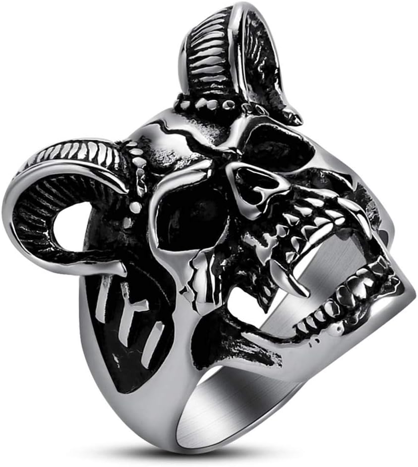 Men's Cool Horn Goat Skull Ring Stainless Steel Motorcycle Biker Zombie Vampire Skull Ring Size 7-13