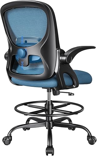 LukkDys Silla de oficina alta con anillo reposapiés y reposabrazos abatibles, silla de dibujo ajustable con soporte lumbar ergonómico, silla de