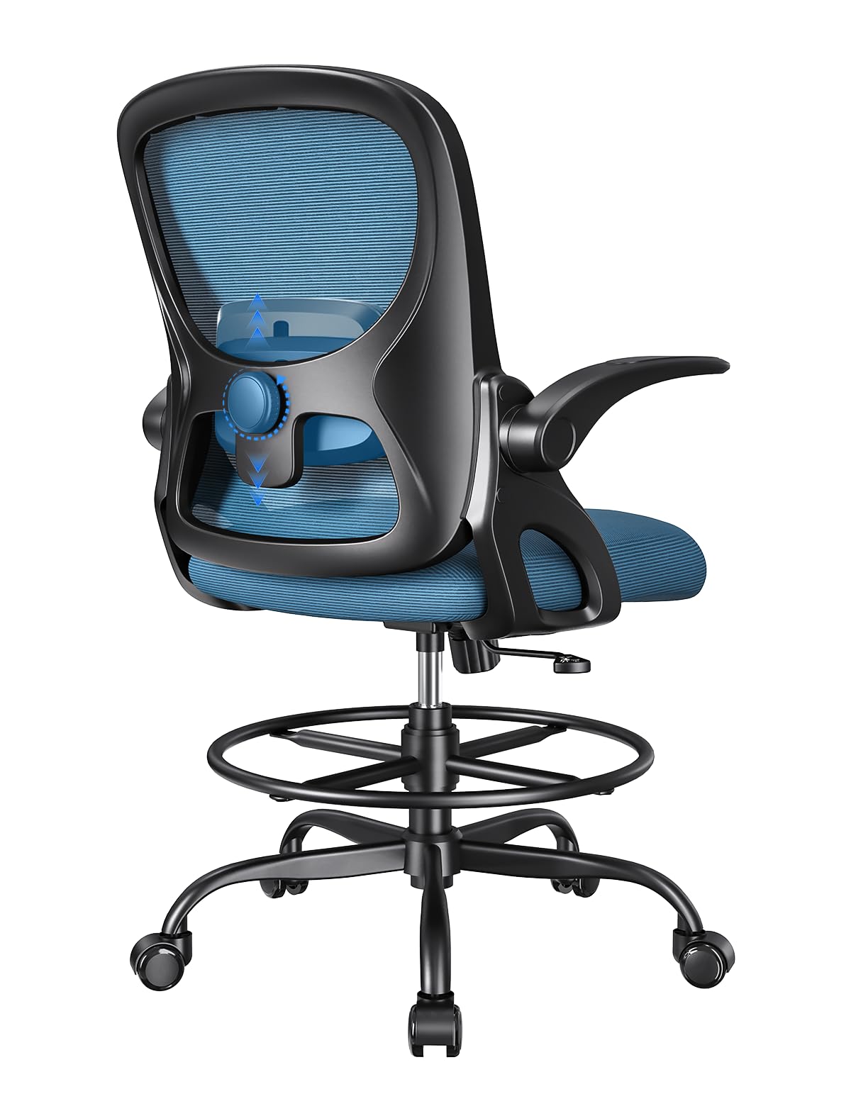 LukkDys Drafting Chair,Tall and Standing Desk Chair with Flip-up Armrests, Ergonomic Comfy Lumbar Support and Adjustable Footrest Ring Office/Computer Chair (Black-Blue)