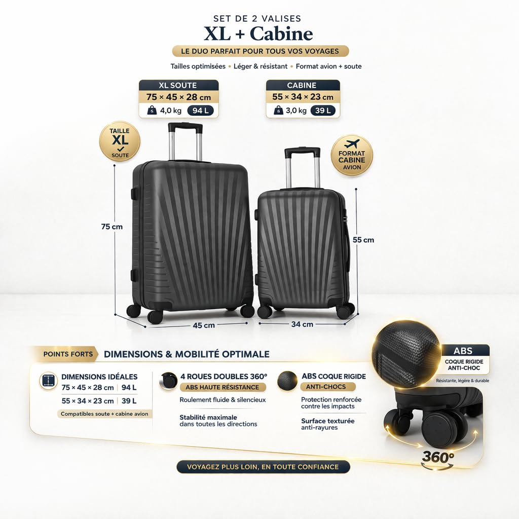 Set de 2 Valises ABS – Cabine 55cm + XL 75cm – Bagage Avion Soute & Cabine – 4 Roues 360° – Cadenas (Gris, Set XL 75cm soute + Cabine 55cm)