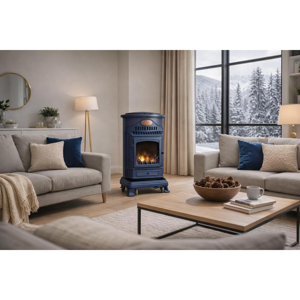 Sahara - Stufa a gas 3,4KW in ghisa vera – Riscaldamento supplementare Design Tradizionale Blu Zaffiro Opaco - Effetto fuoco di legna, mobile su ruote Provence