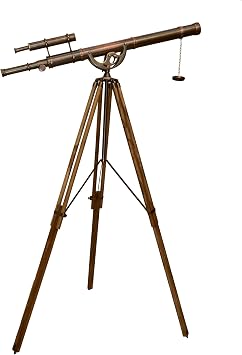Vintage Double Barrel Telescope Shiny Copper Dark Antique Finish with Adjustable Natural Wooden Tripod Solid Brass Telescopes High Magnification Functional Spyglass Telescope Exclusive