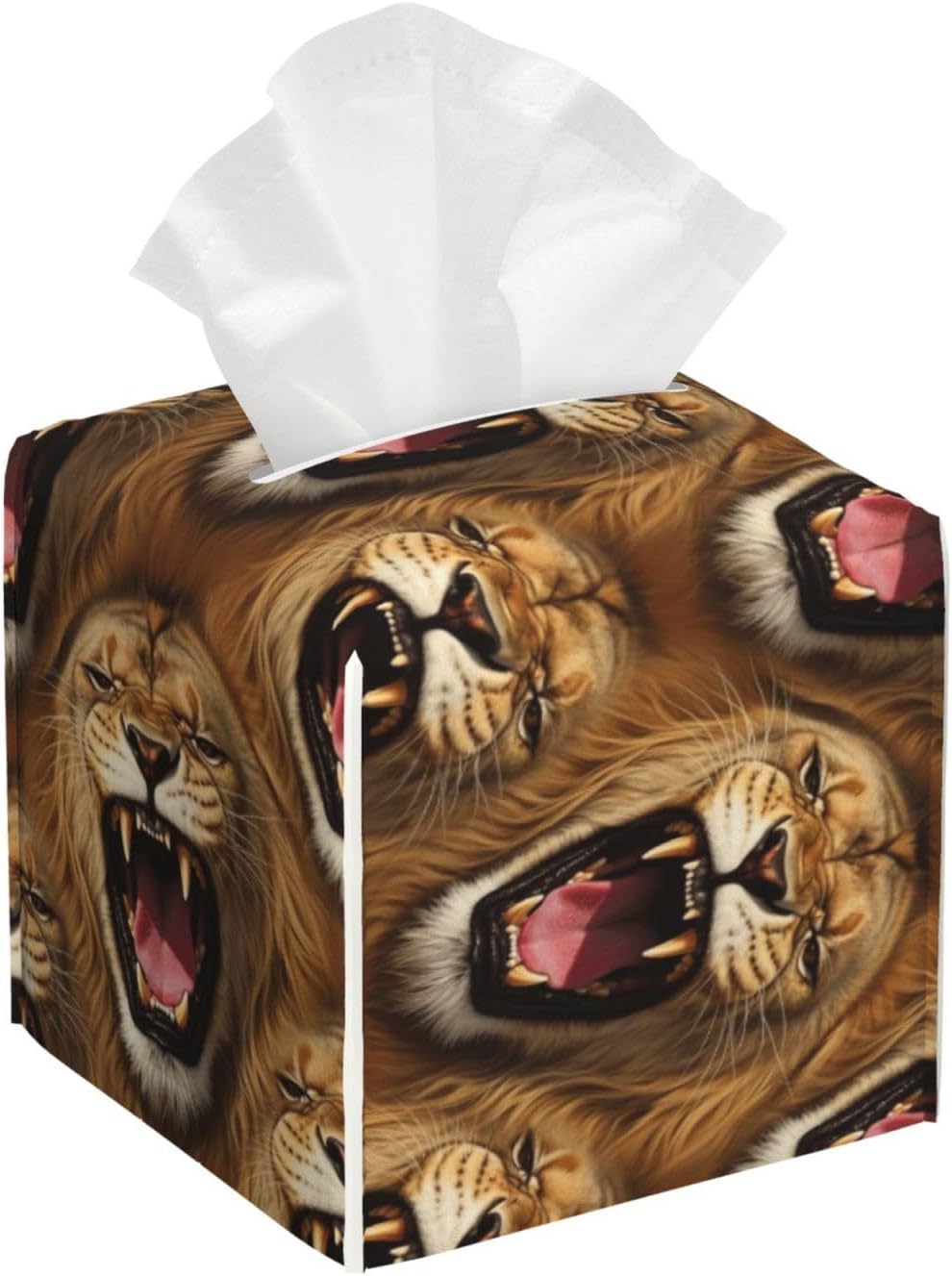 Tissue Box Cover Angry Lion, Modern PU Leather Square Tissue Box Holder Decorative for Bathrooms Office Car Nightstand