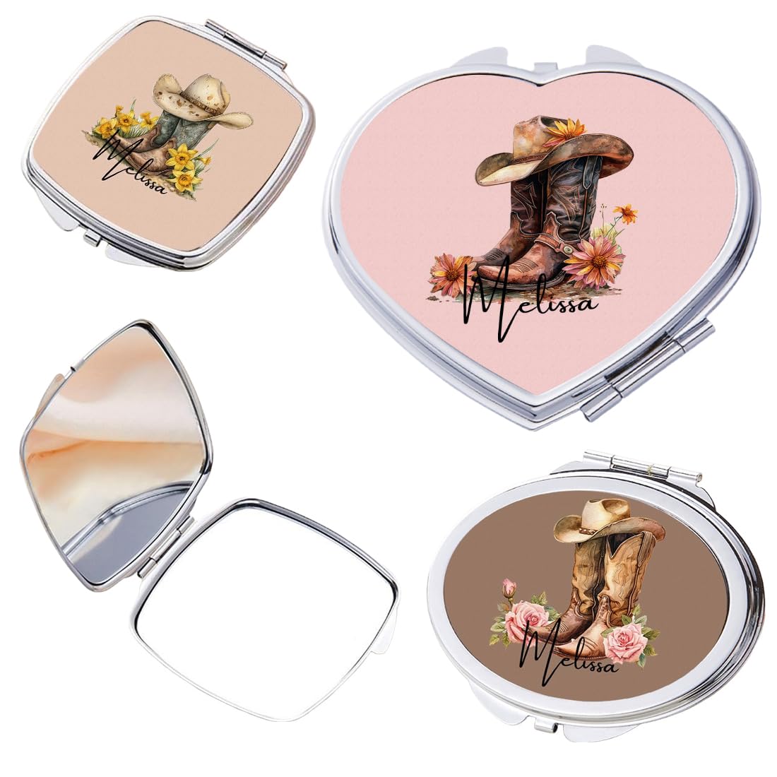 Custom Name Cowgirl Boots Compact Mirror with Birth Flower for Women Girls Mom Bridesmaid Gifts Travel Makeup Mirror Personalized Pocket Mirror Small