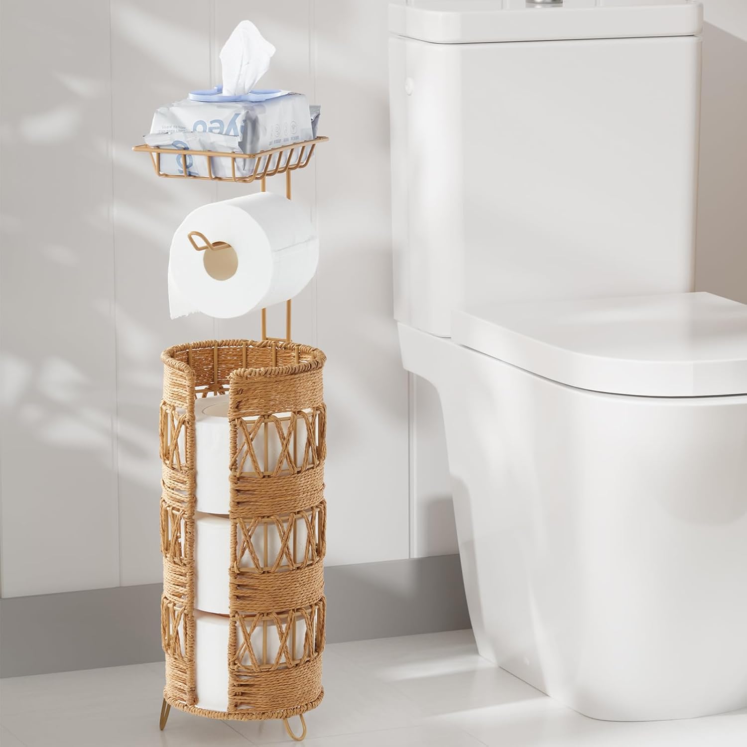 Freestanding Toilet Paper Holder, Idealmax Handmade Rattan Toilet Paper Roll Holder Stand for 4 Mega Rolls for Bathroom Storage