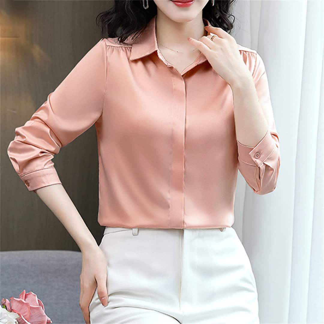 Manches Longues col en V boutonné Femmes Chemise décontracté Ample Couleur Unie Satin Blouses Soie Chemise Blanche Orange M