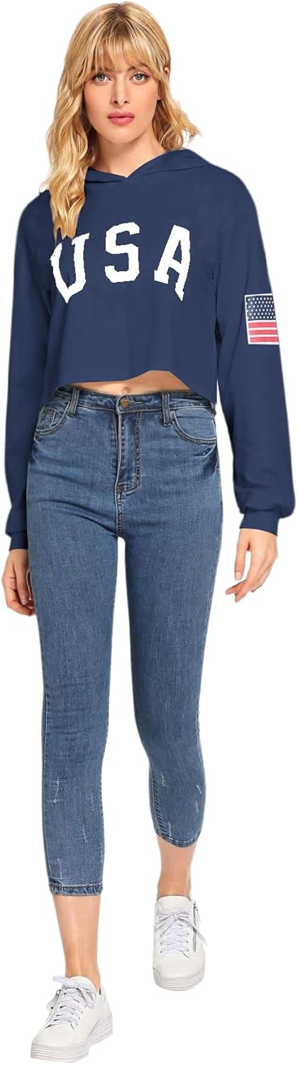 SweatyRocks Women's American Flag Long Sleeve Hoodies Letter Graphic Crop Top Hooded Sweatshirts - Image 2