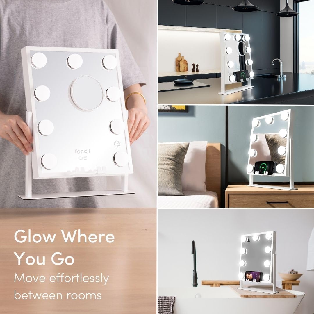 Fancii Vanity Mirror with Lights, BT Speaker, Wireless Charging - Detachable 10X Magnifying Mirror, 9 Hollywood Bulbs, LED Lighted Makeup Mirror with Phone Stand, 3 Color Modes, Adjustable Tilt