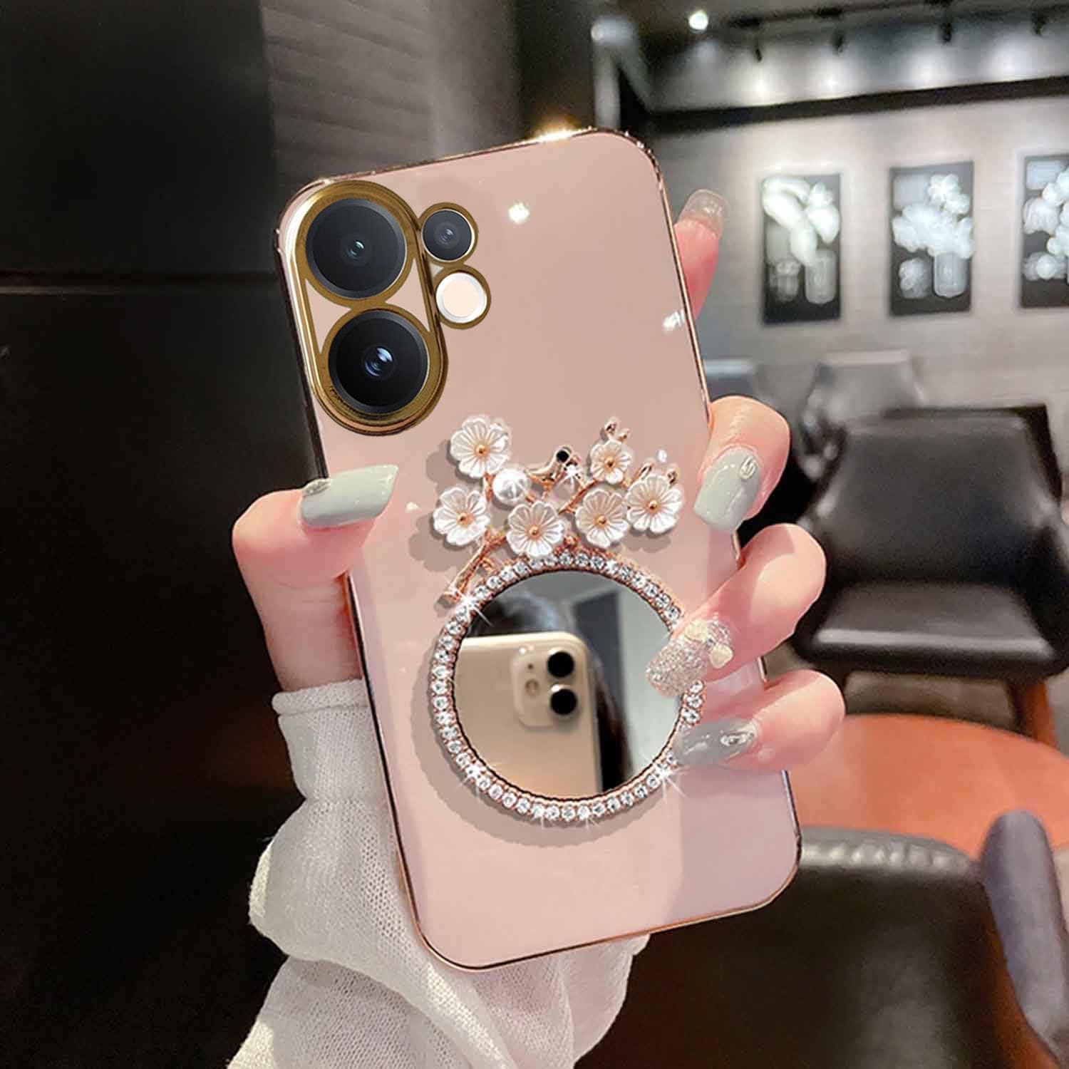 KC Back Cover for Vivo V60 5G - Round Flower Mirror Electroplated Soft Silicone Camera Protection Case - Pink-image-46