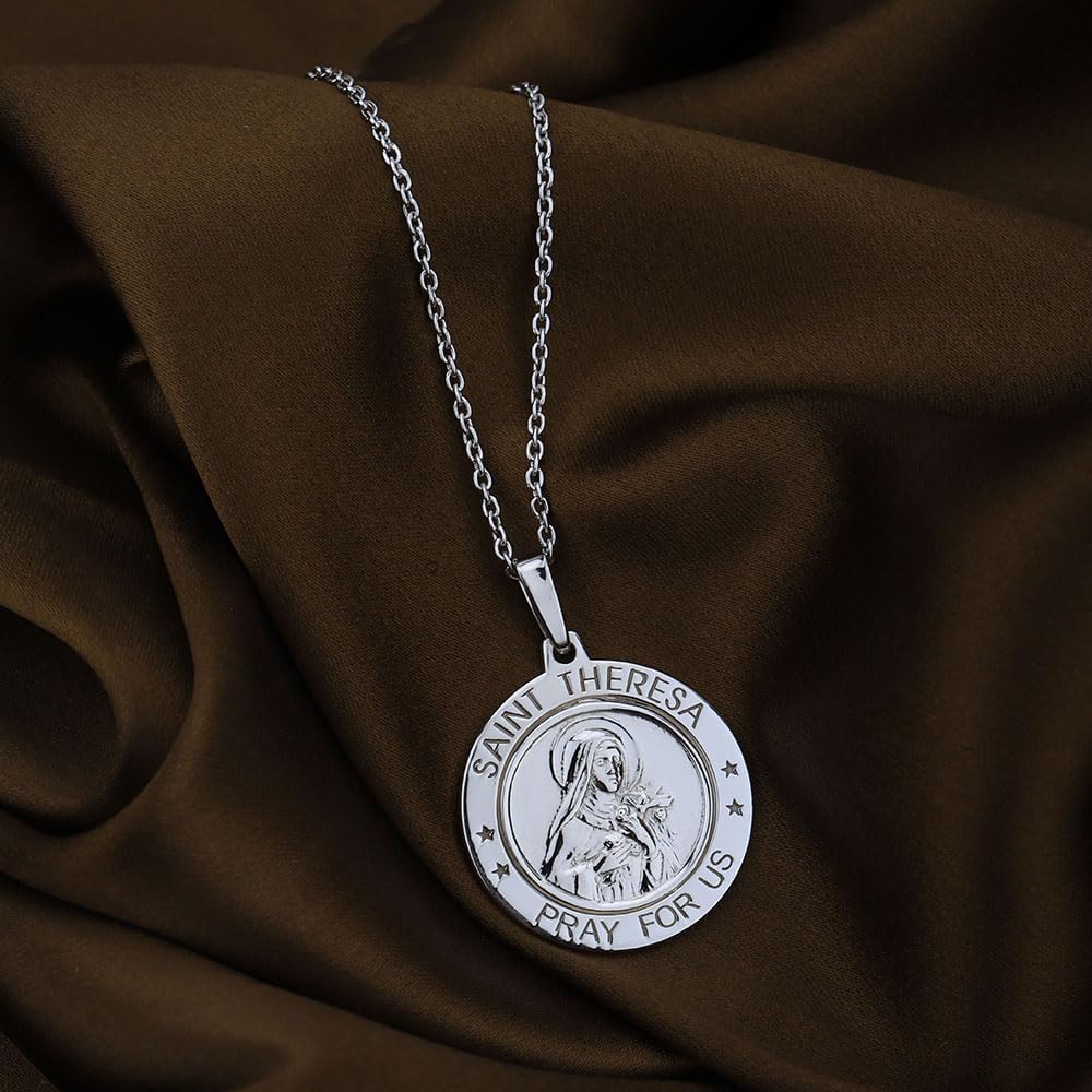 Vanbelle Sterling Silver jewelry - Rhodium Plated Style with 925 stamp - Saint Theresa Medal Pendant - Classic Christian Necklace for Women - 24x32mm medal Pendant - 18" chain - Image 6