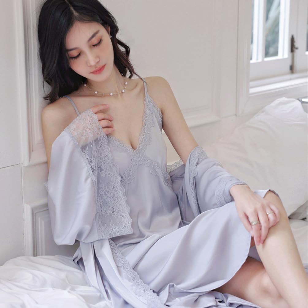 2 Piece Women Satin Nightgowns and Robe Set Sexy Lace Silk Slip Dress Long Home Suit Nightdress Sleepwear